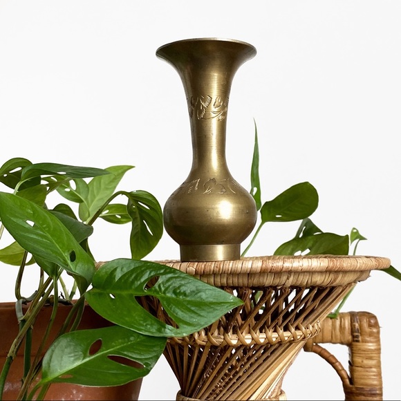 Vintage Etched Brass Small Bud Flower Vase Eclectic Home Decor